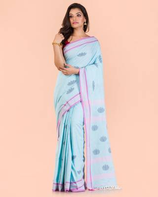 Aqua blue hand woven cotton saree with blouse 2