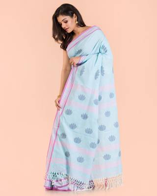 Aqua blue hand woven cotton saree with blouse 3