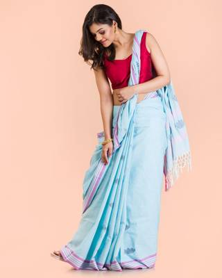 Aqua blue hand woven cotton saree with blouse 4