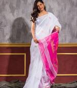 White hand woven blended cotton saree with blouse