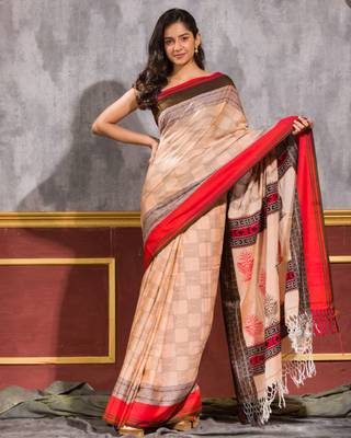 Dark beige hand woven cotton saree with blouse 1
