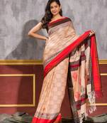 Dark beige hand woven cotton saree with blouse