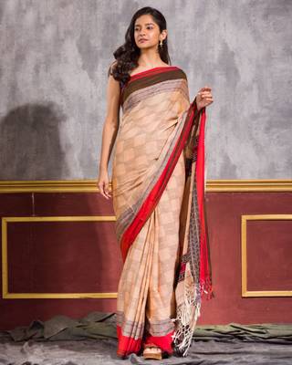 Dark beige hand woven cotton saree with blouse 2
