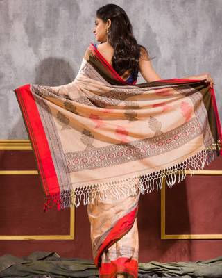 Dark beige hand woven cotton saree with blouse 4