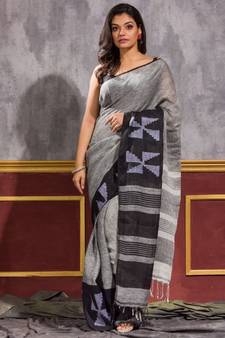 Grey hand woven linen saree with blouse
