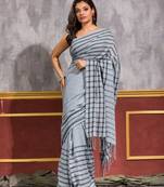 Grey hand woven cotton saree with blouse