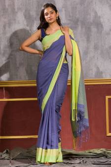 Blue hand woven cotton saree with blouse