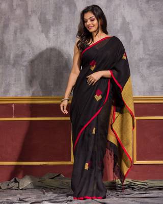 Black hand woven linen saree with blouse 1
