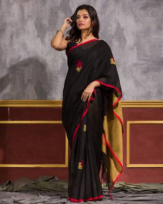 Black hand woven linen saree with blouse 2