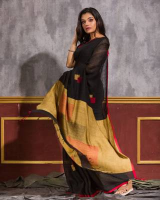 Black hand woven linen saree with blouse 3