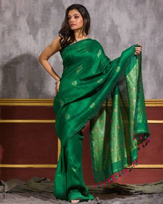 Parrot green hand woven linen saree with blouse 1