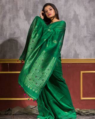 Parrot green hand woven linen saree with blouse 2