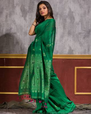 Parrot green hand woven linen saree with blouse 3