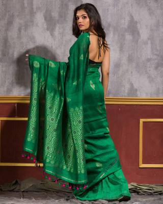 Parrot green hand woven linen saree with blouse 4