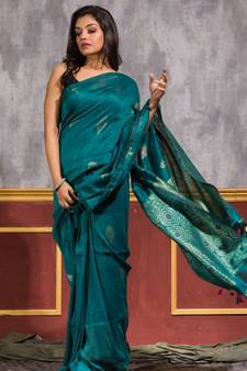 Teal hand woven linen saree with blouse