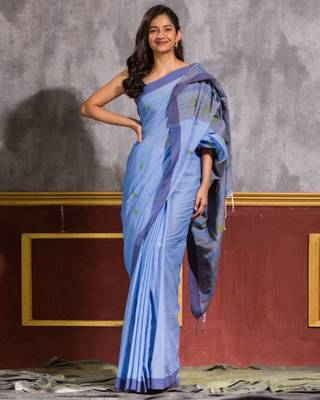 Blue hand woven cotton saree with blouse 1