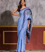Blue hand woven cotton saree with blouse