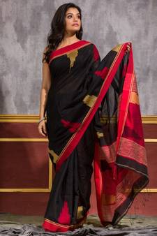 Black hand woven blended cotton saree with blouse