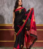 Black hand woven blended cotton saree with blouse