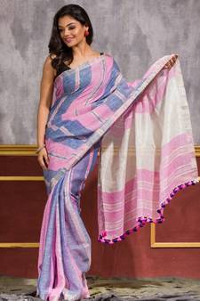Multicolor hand woven linen saree with blouse