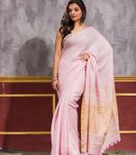 Pink hand woven linen saree with blouse