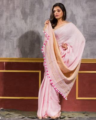 Pink hand woven linen saree with blouse 2