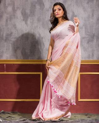 Pink hand woven linen saree with blouse 3