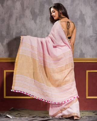 Pink hand woven linen saree with blouse 4