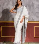White hand woven cotton saree with blouse