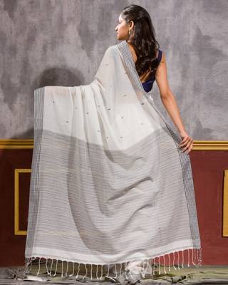 White hand woven cotton saree with blouse 4