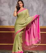 Green hand woven cotton saree with blouse