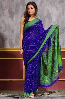 Blue hand woven blended cotton saree with blouse