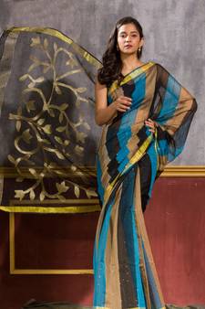Multicolor hand woven blended cotton saree with blouse