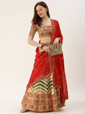 Multi Color Georgette Sequins and Thread Embroidery Work semi Stitched Lehenga Choli  1