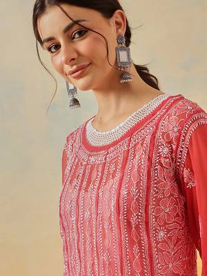 Women'S Hand Embroidered Brick Red Georgette Lucknow Chikankari Anarkali Kurta 6