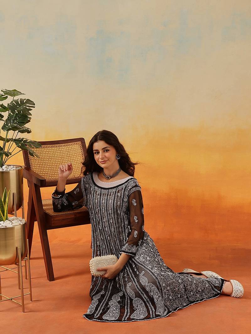 Women'S Hand Embroidered Black Georgette Lucknow Chikankari Anarkali Kurta