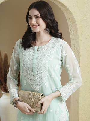 Women'S Hand Embroidered Sea Green Georgette Lucknow Chikankari Kurta With Slip 6