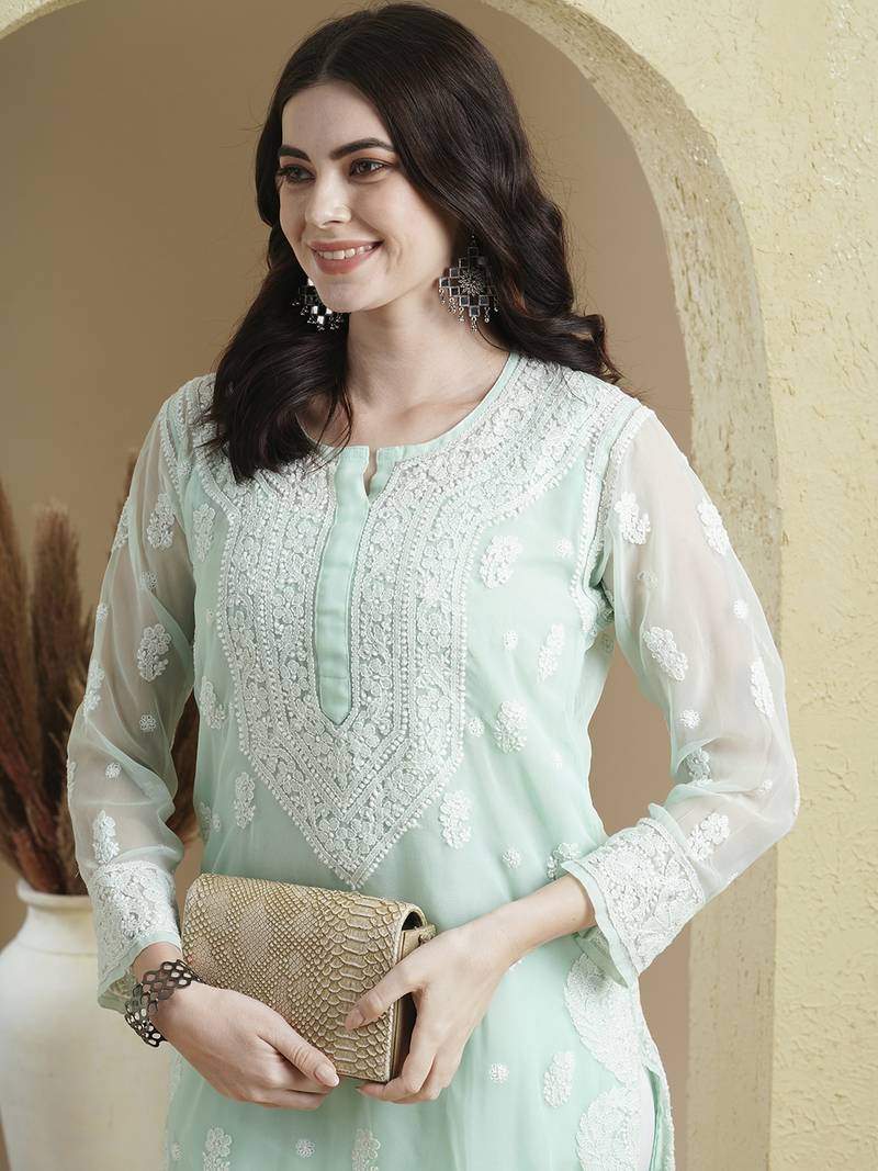 Women'S Hand Embroidered Sea Green Georgette Lucknow Chikankari Kurta With Slip