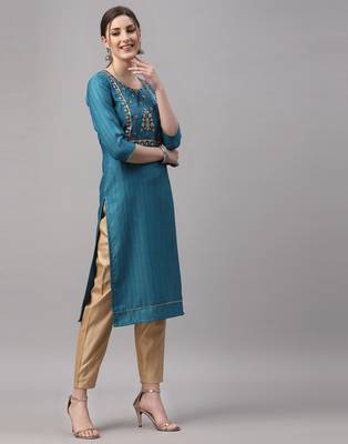 Teal embroidered silk ethnic-kurtis 1