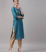 Teal embroidered silk ethnic-kurtis
