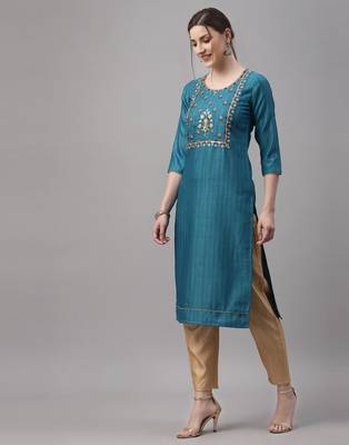 Teal embroidered silk ethnic-kurtis 2
