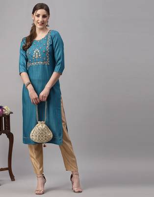 Teal embroidered silk ethnic-kurtis 4