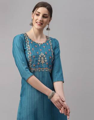 Teal embroidered silk ethnic-kurtis 5