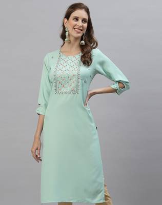 Sea green embroidered cotton embroidered-kurtis 1