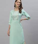 Sea green embroidered cotton embroidered-kurtis