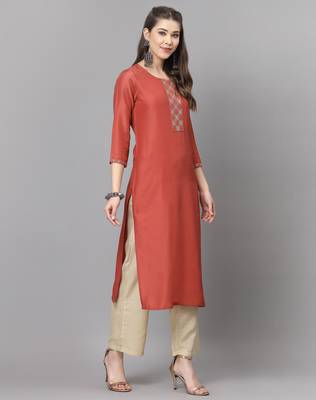 Dark orange embroidered silk ethnic-kurtis 1