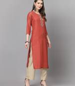 Dark orange embroidered silk ethnic-kurtis