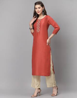 Dark orange embroidered silk ethnic-kurtis 2