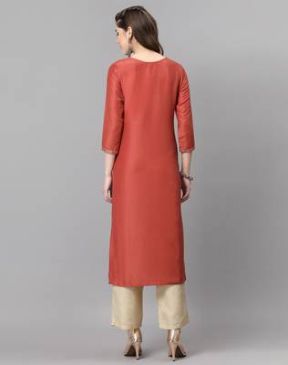 Dark orange embroidered silk ethnic-kurtis 3