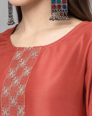 Dark orange embroidered silk ethnic-kurtis 5